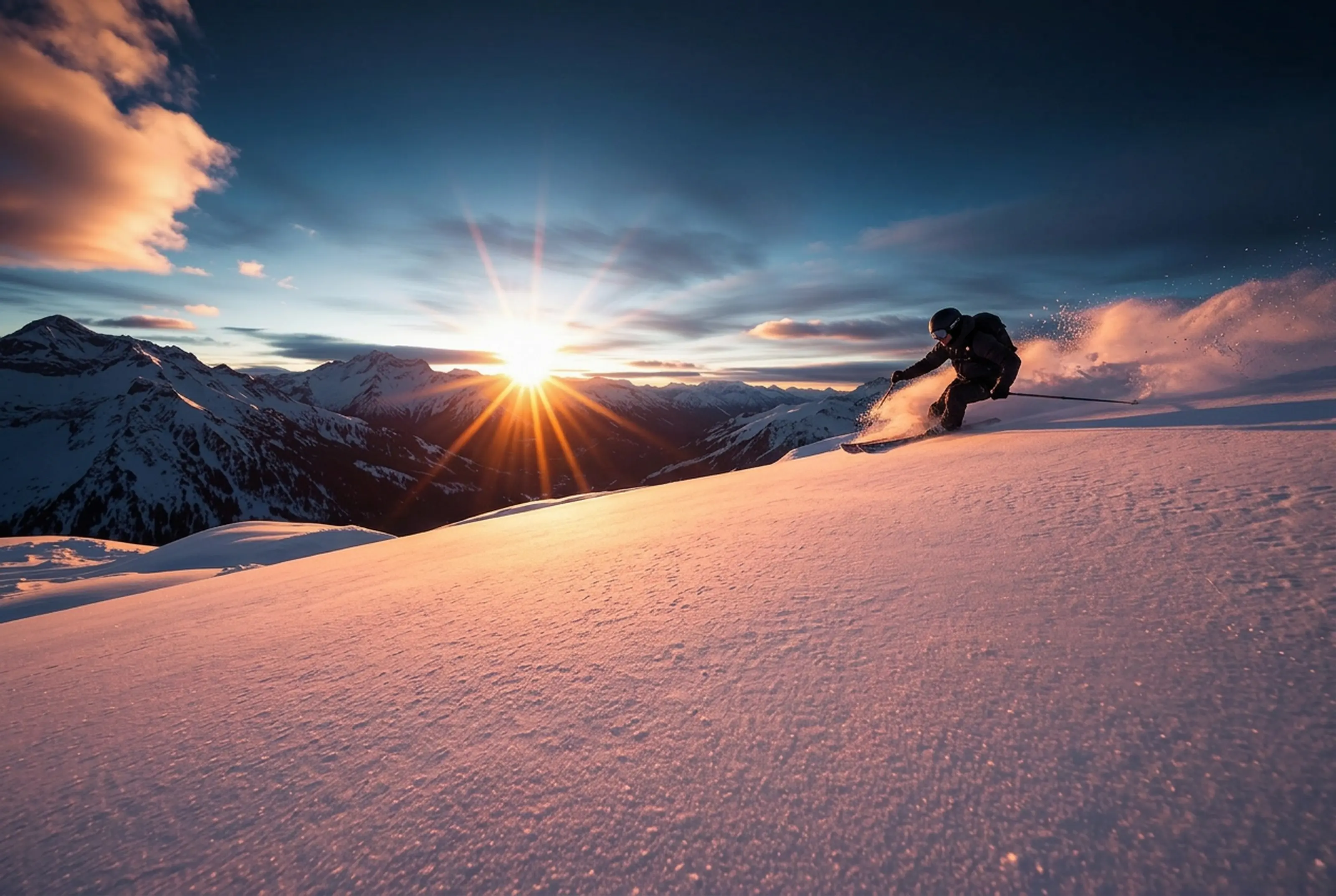 Skier carving fresh powder at sunrise